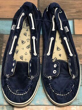 Vans Abby Moc Loafers Flats Boat‎ Slip On Navy Satin Shoe Women's Size 9